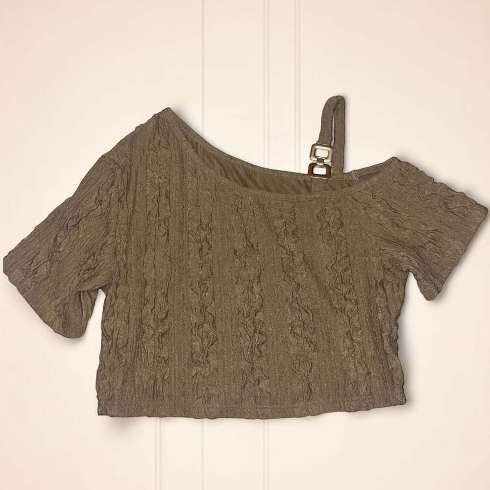 SHEIN Women's Brown Asymmetrical One-Shoulder Crop Top w/ Gold Buckle Sz L